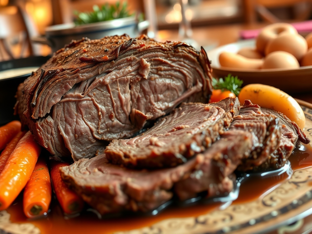 Classic Beef Pot Roast Recipe Sliced Beef Pot Roast served with carrots and potatoes on a rustic plate.